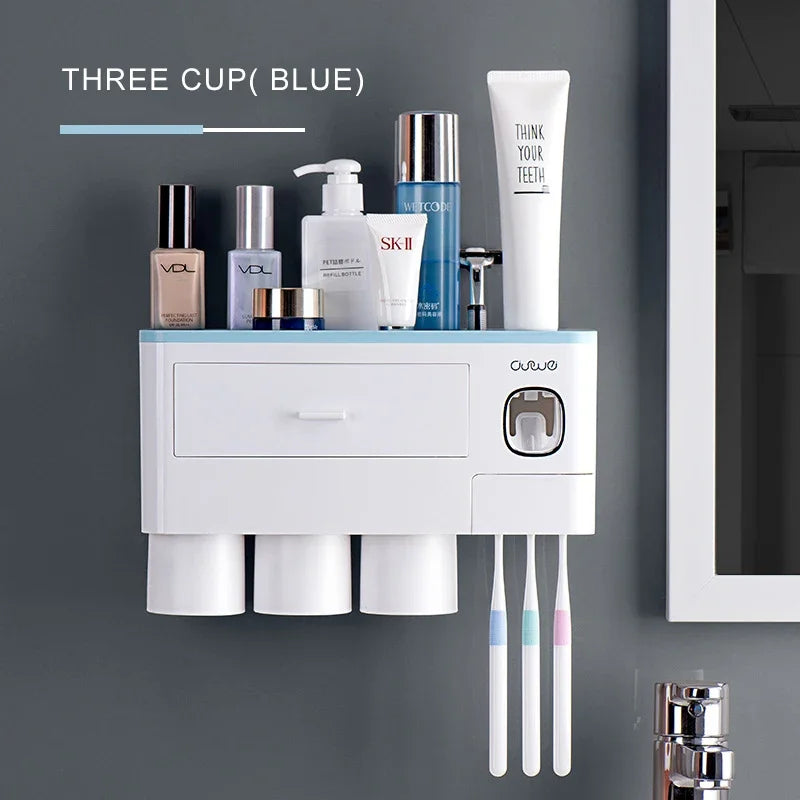 Porte-Brosse à Dents Mural Sans Perçage avec Distributeur de Dentifrice et Gobelets