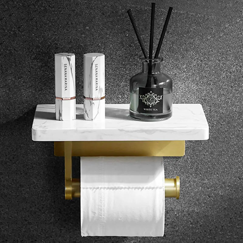 Porte-Papier Toilette Mural avec Tablette Marbre et Aluminium Doré