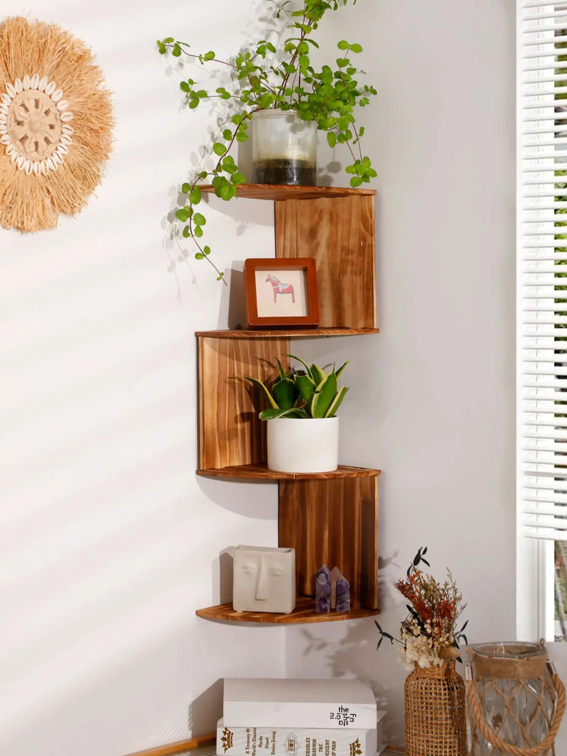 Étagère d'Angle Murale en Bois 2 ou 5 Niveaux, Bois Clair ou Foncé