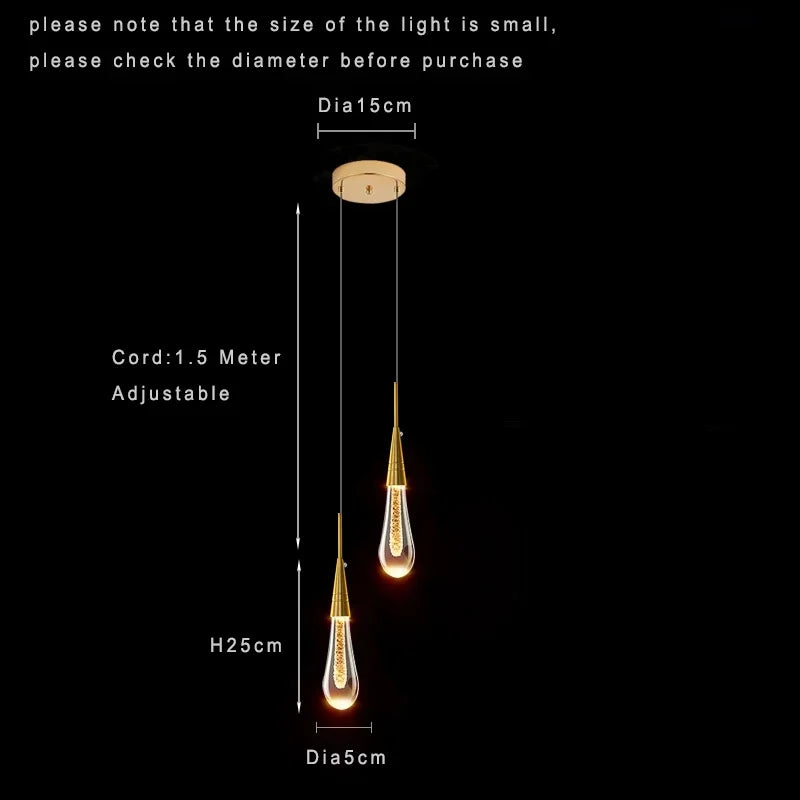 Suspension Cuisine Goutte d'Eau Cristal Doré LED, 1 à 10 Gouttes