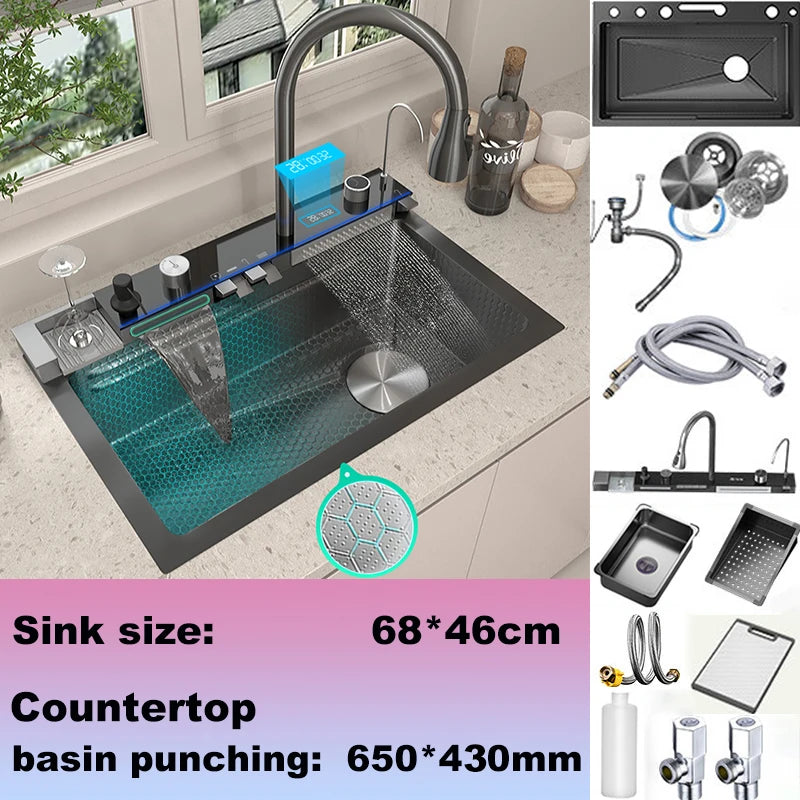 Évier de Cuisine Inox 304 Multifonction, Robinet Cascade, 68 à 100 cm