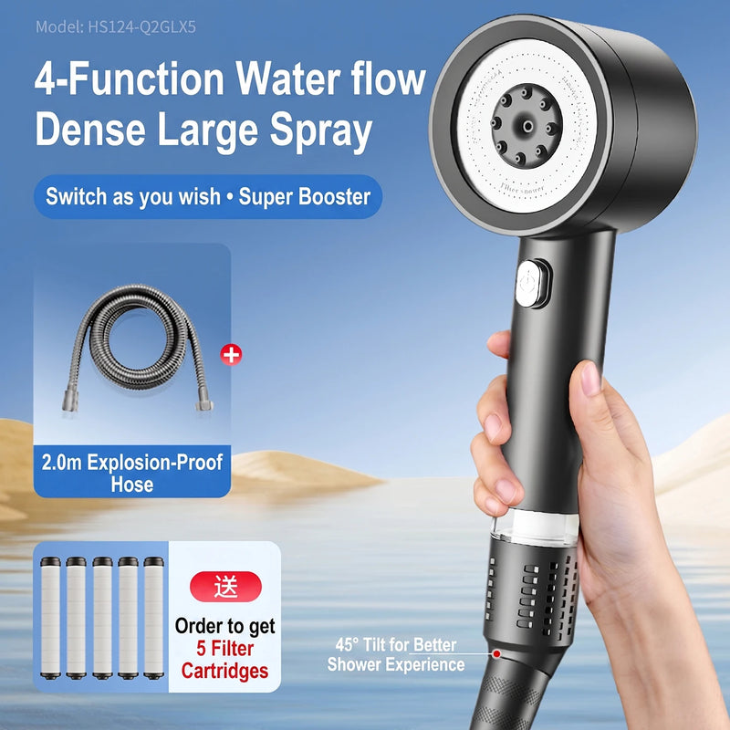 Pommeau de Douche Turbo Noir 4 Modes, 119 Micro-Orifices et 5 Cartouches