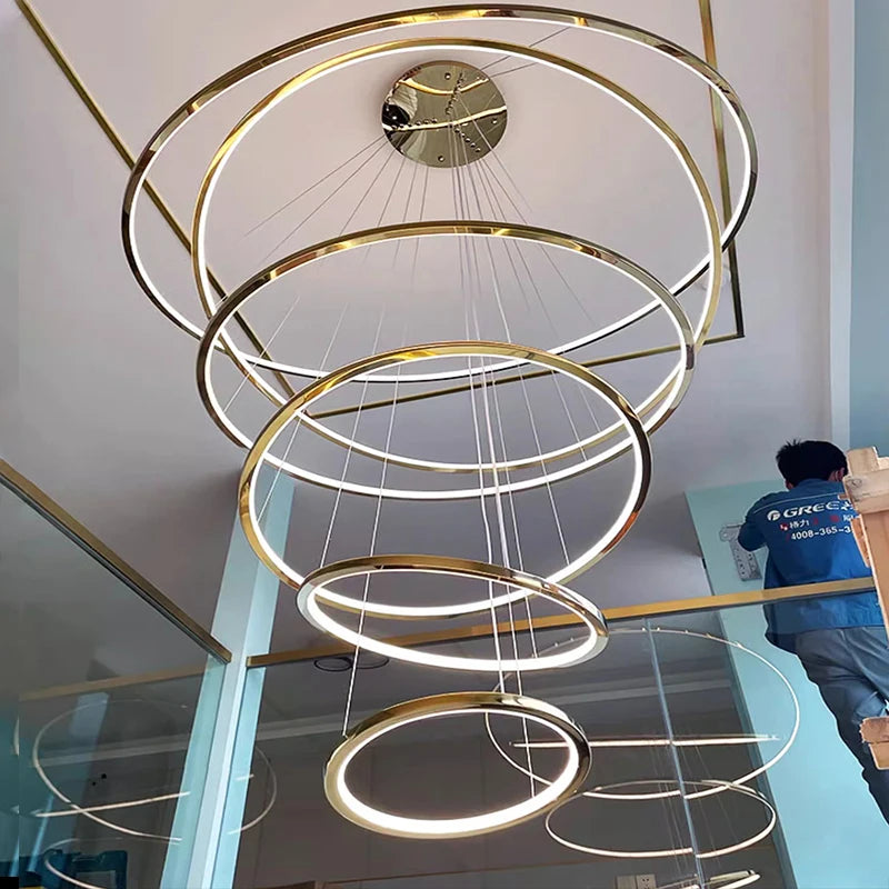 Suspension Cuisine LED à 5, 6 ou 7 Anneaux, Double Hauteur et Escalier