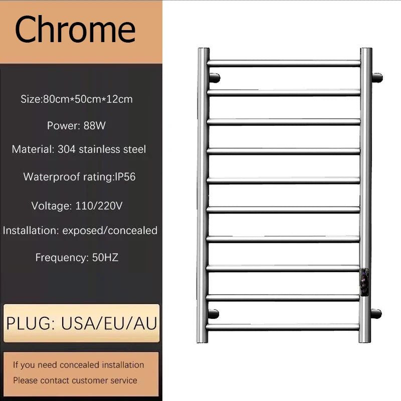 Sèche-Serviette Électrique Mural à Échelle 10 Barres Inox 80 x 50 cm