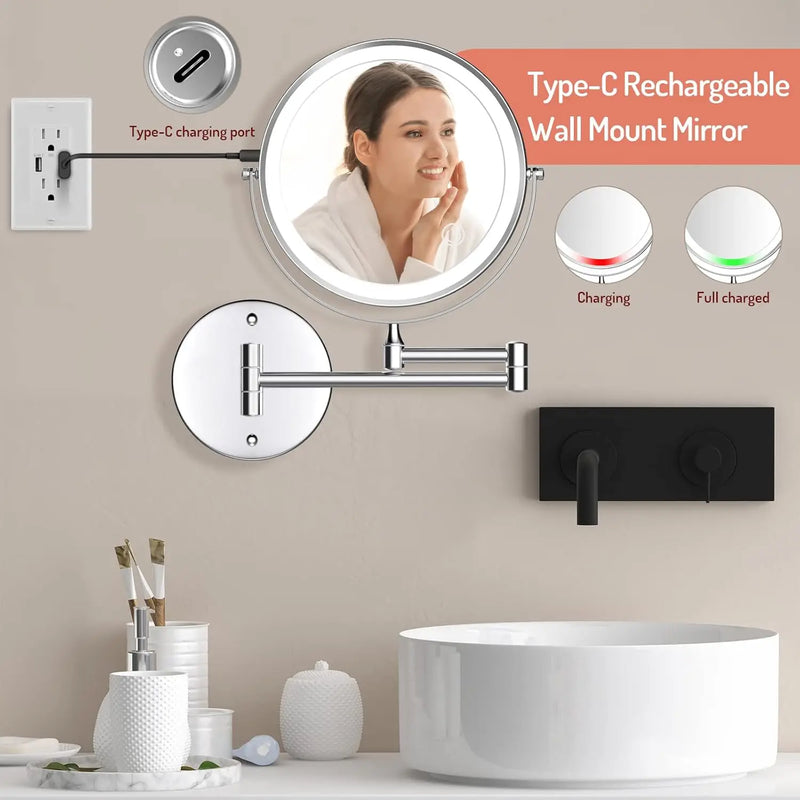 Miroir Grossissant Mural LED Rechargeable Double Face Tactile x5 ou x10