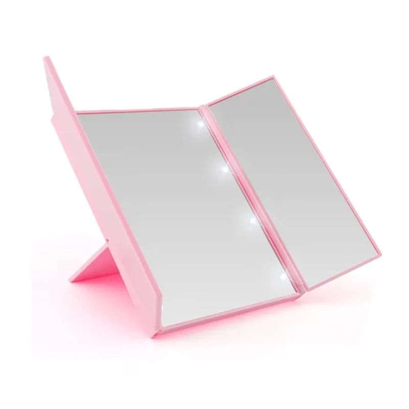 Miroir de Maquillage LED Pliant 3 Volets, Blanc, Noir ou Rose