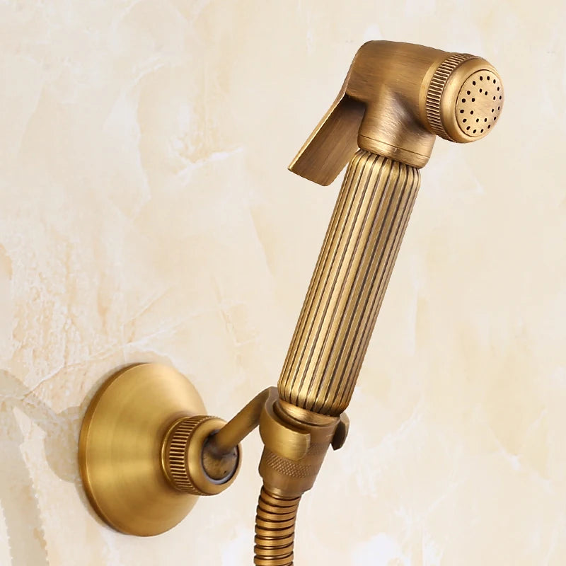 Douchette WC Rétro Laiton Antique, Kit avec Flexible et Support Mural
