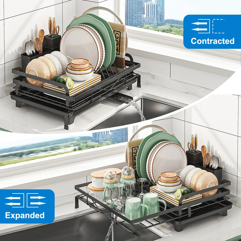 Égouttoir à Vaisselle Extensible 36 à 57,5 cm, Porte-Couverts, Bec Pivotant