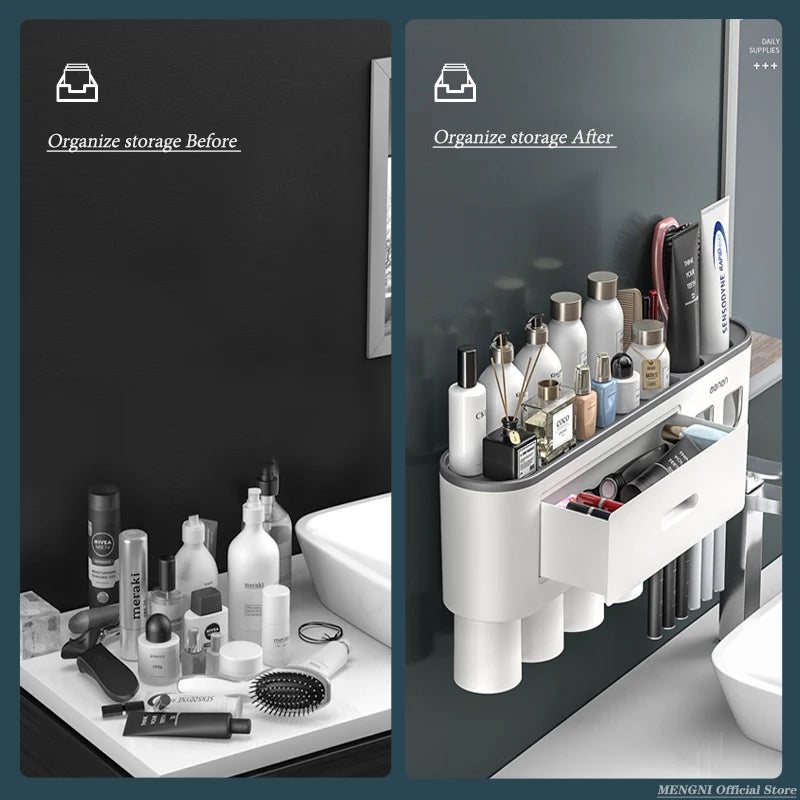 Porte-Brosse à Dents Mural Magnétique avec Distributeur de Dentifrice, 1 à 4 Gobelets