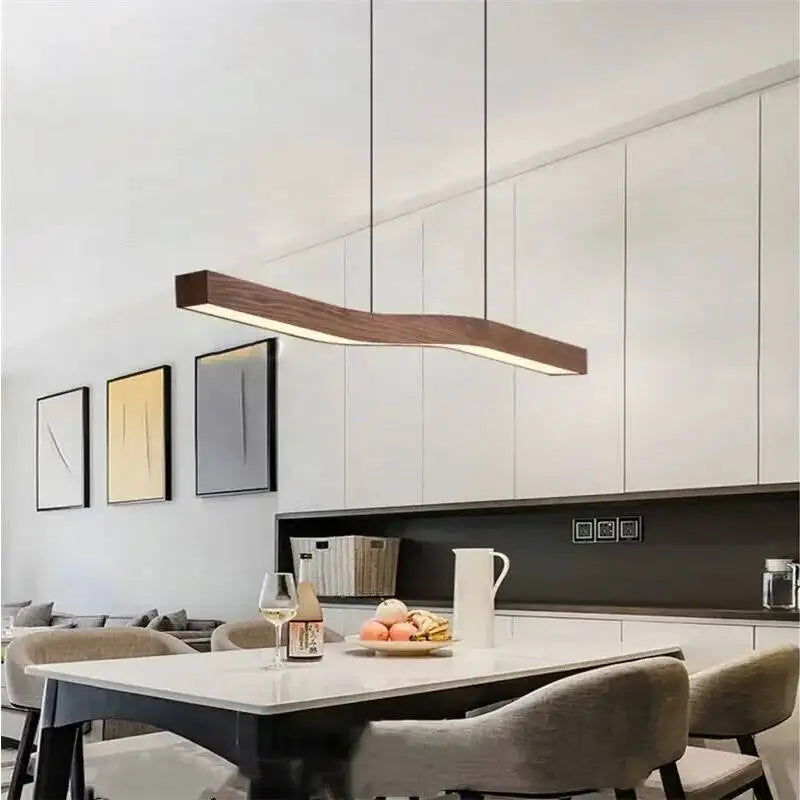 Suspension Cuisine Linéaire LED Bois de Noyer Ondulée, 90 à 150 cm
