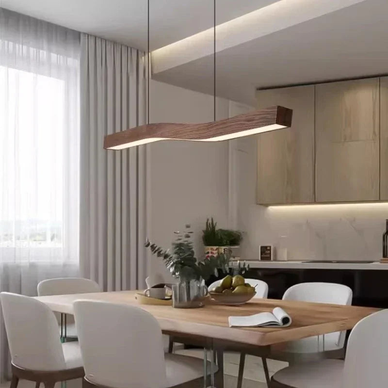 Suspension Cuisine Linéaire LED Bois de Noyer Ondulée, 90 à 150 cm