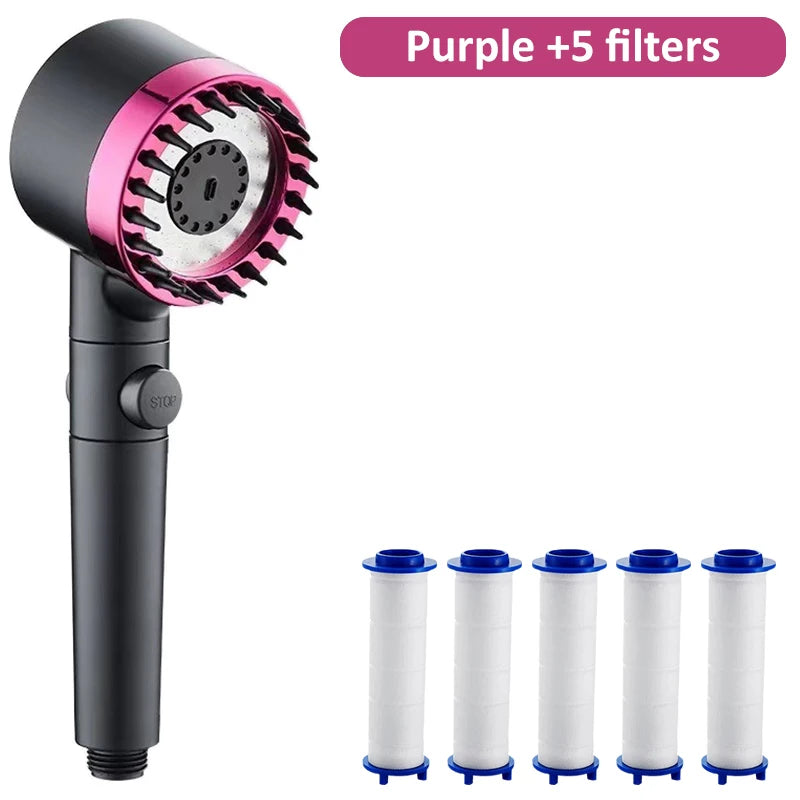 Pommeau de Douche Massant à Picots, 4 Modes, Bouton Stop, Gris ou Fuchsia