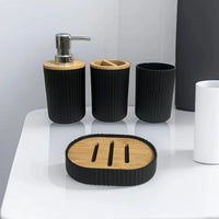 Set Accessoires Salle de Bain 4 Pièces Noir ou Blanc, Plastique et Bambou