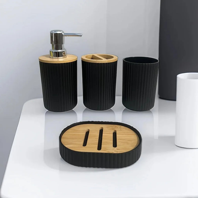 Set Accessoires Salle de Bain 4 Pièces Noir ou Blanc, Plastique et Bambou