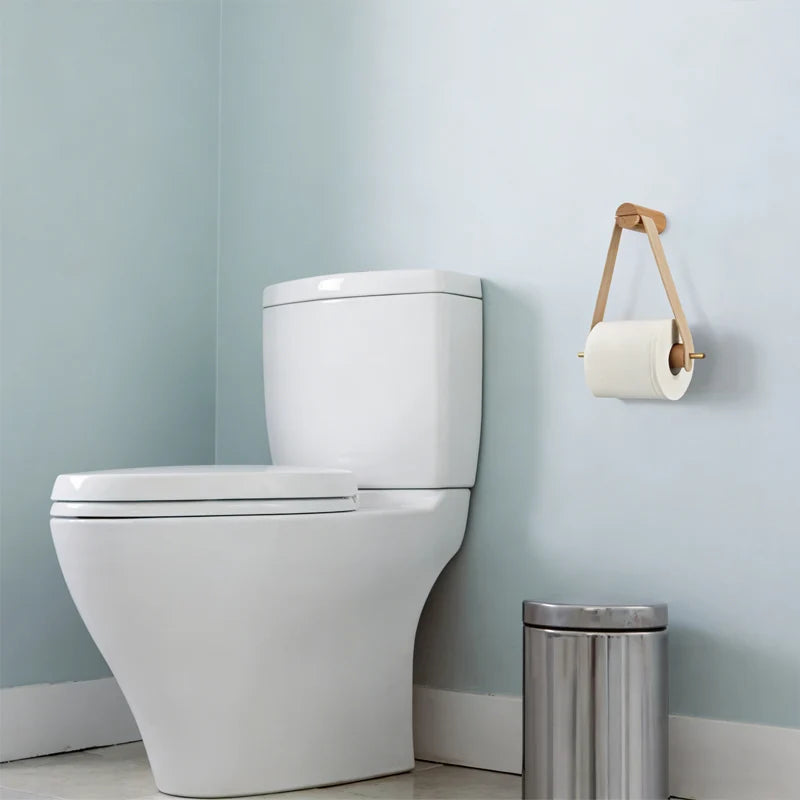 Porte-Papier Toilette Mural Bois et Sangle en Cuir, Sans Perçage ou Vissé