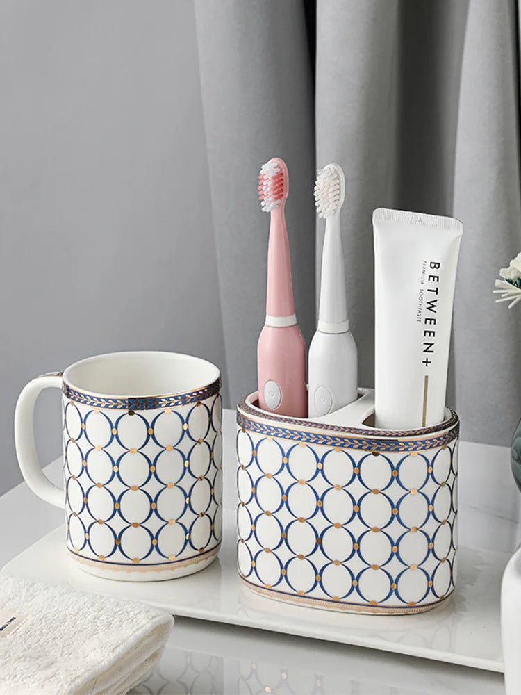 Porte-Brosse à Dents et Dentifrice Céramique Ovale, 4 Décors, 11 cm
