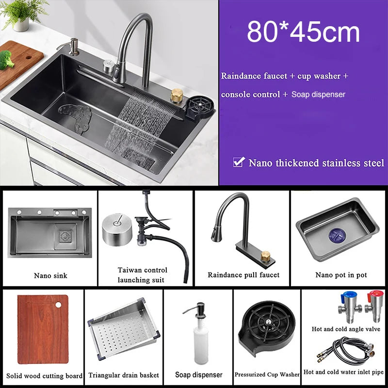 Évier de Cuisine Multifonction Cascade Noir avec Lave-Tasse