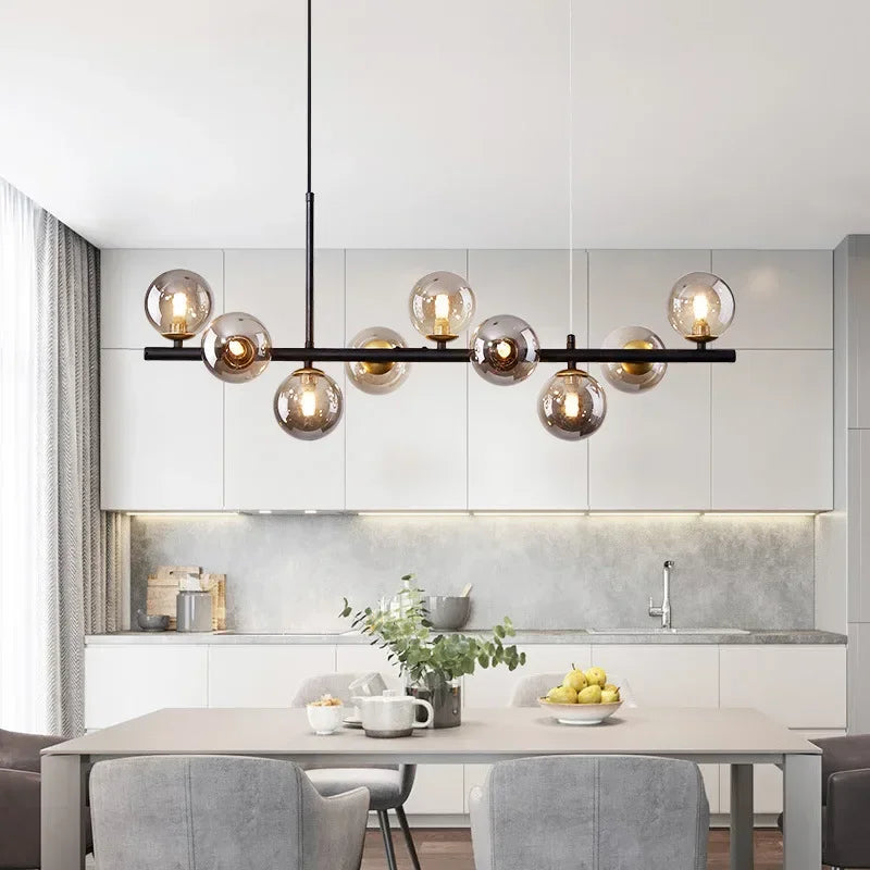 Suspension Cuisine Îlot Globes Verre, 7 à 11 Têtes, Noir ou Doré