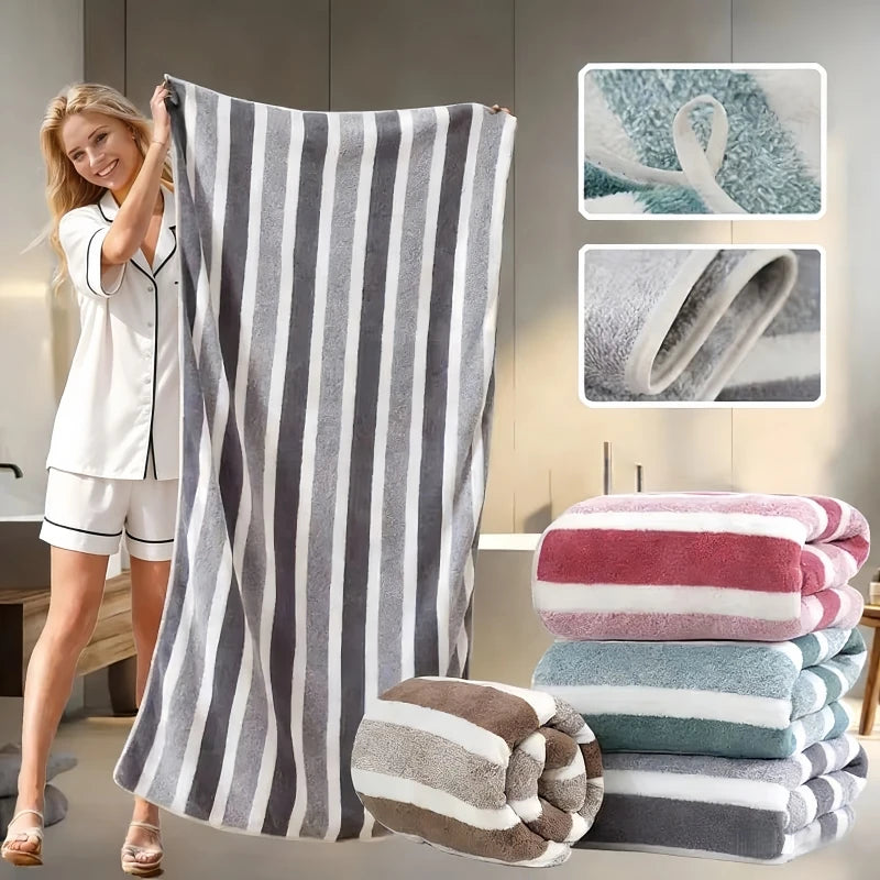 Serviette de Bain Rayée Douce 70 x 140 cm, Gris, Vert ou Rose