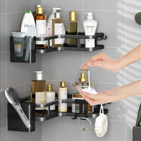 Étagère de Douche d'Angle Sans Perçage Noir ou Blanc, 2 Étagères et Accessoires