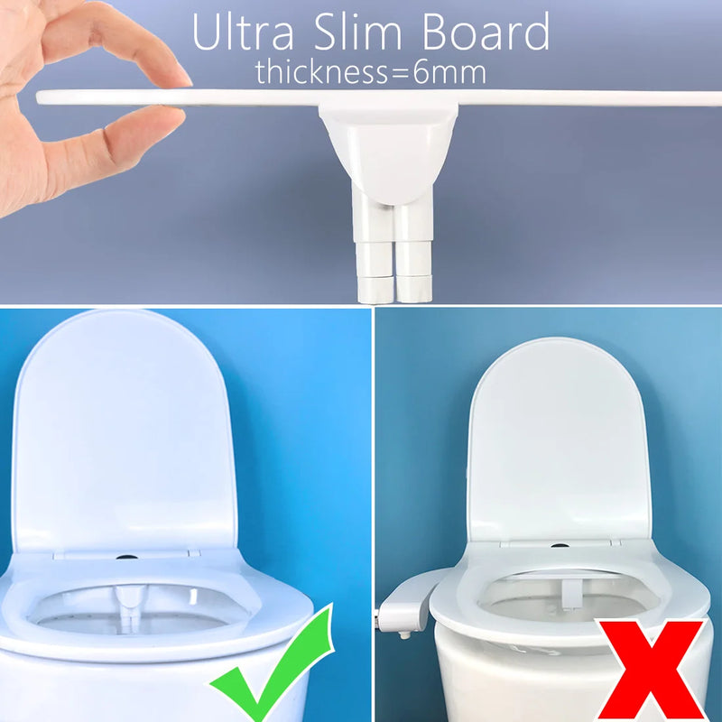 Bidet WC Adaptable Ultra Fin 6 mm, Double Buse Autonettoyante, Sans Électricité