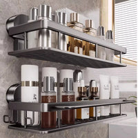Étagère Salle de Bain Aluminium Gris à Ventouses, 1 ou 2 Plateaux