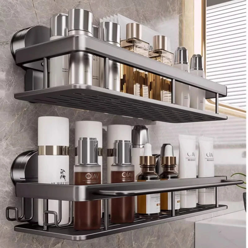 Étagère Salle de Bain Aluminium Gris à Ventouses, 1 ou 2 Plateaux