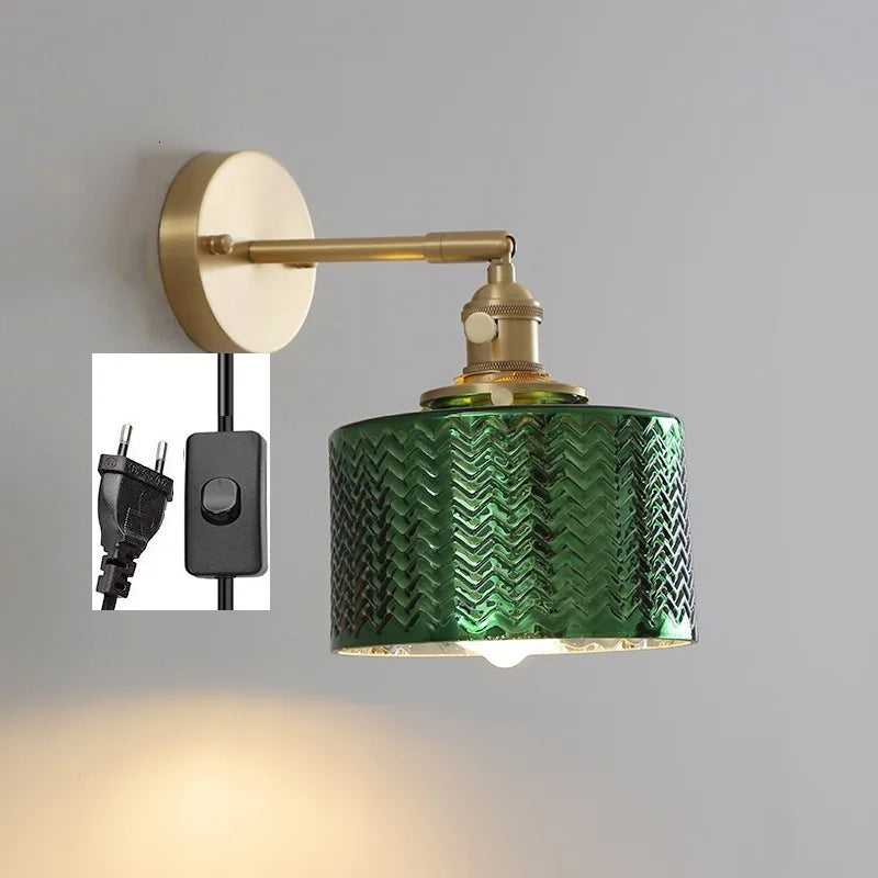 Applique Salle de Bain Verre Vert Cuivre avec Interrupteur Style Nordique