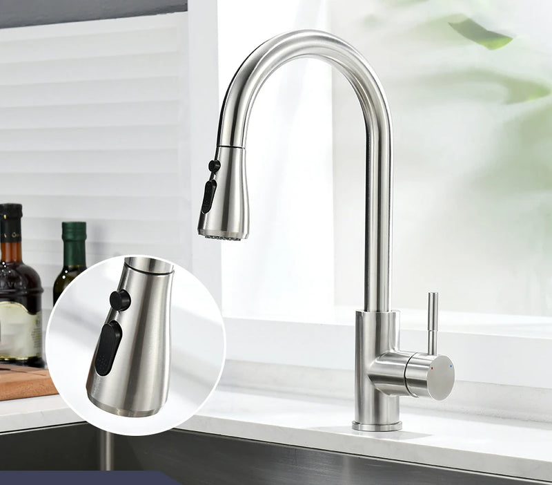 Mitigeur Cuisine Extractible Inox 304 Col de Cygne, 2 ou 3 Jets