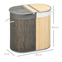 Panier à Linge Bambou 2 Compartiments avec Couvercles, 100 L, Gris et Bois