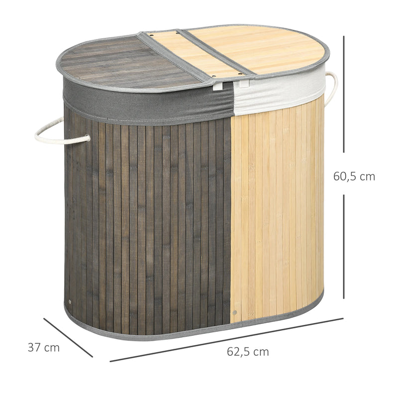 Panier à Linge Bambou 2 Compartiments avec Couvercles, 100 L, Gris et Bois