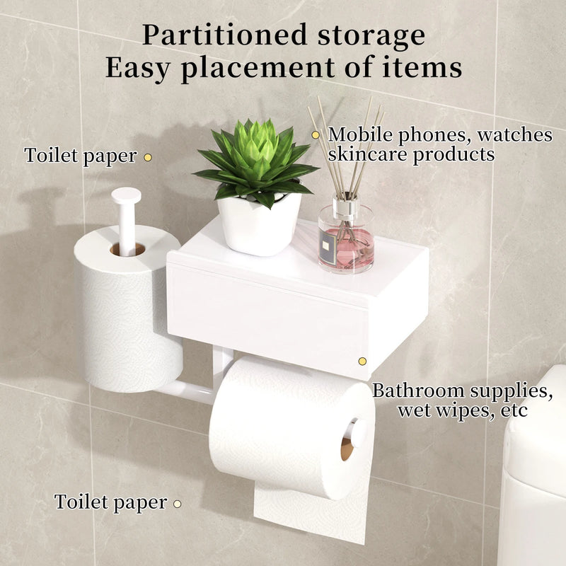 Porte-Papier Toilette avec Tiroir Lingettes et Étagère Sans Perçage Noir ou Blanc