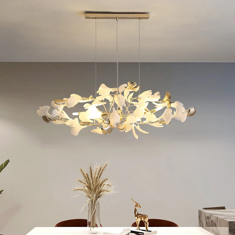 Suspension Cuisine Feuilles de Ginkgo Doré et Blanc, 60 à 150 cm