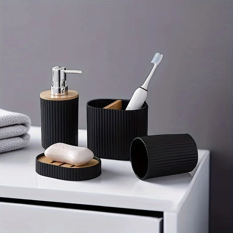 Set Accessoires Salle de Bain 4 Pièces Noir ou Blanc, Plastique et Bambou