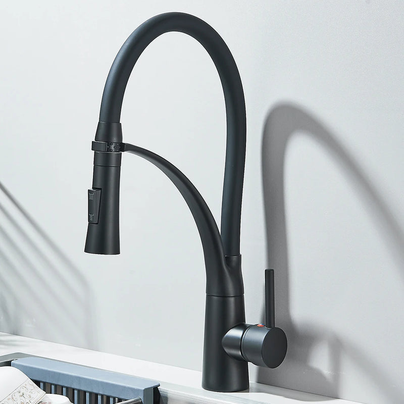 Mitigeur Cuisine Laiton Douchette Extractible Col Souple Noir, Hauteur 42 cm