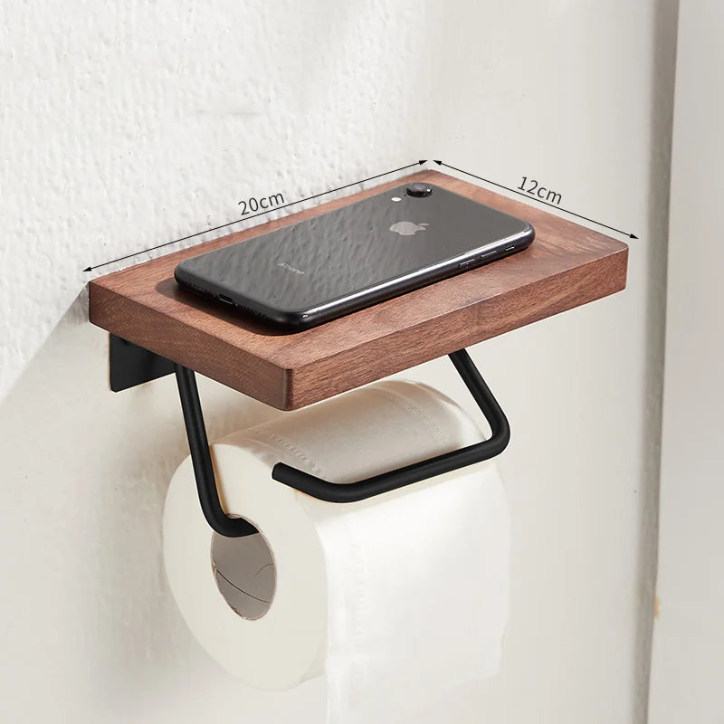 Porte-Papier Toilette Mural avec Tablette en Bois, Noir ou Blanc, 16 à 30 cm