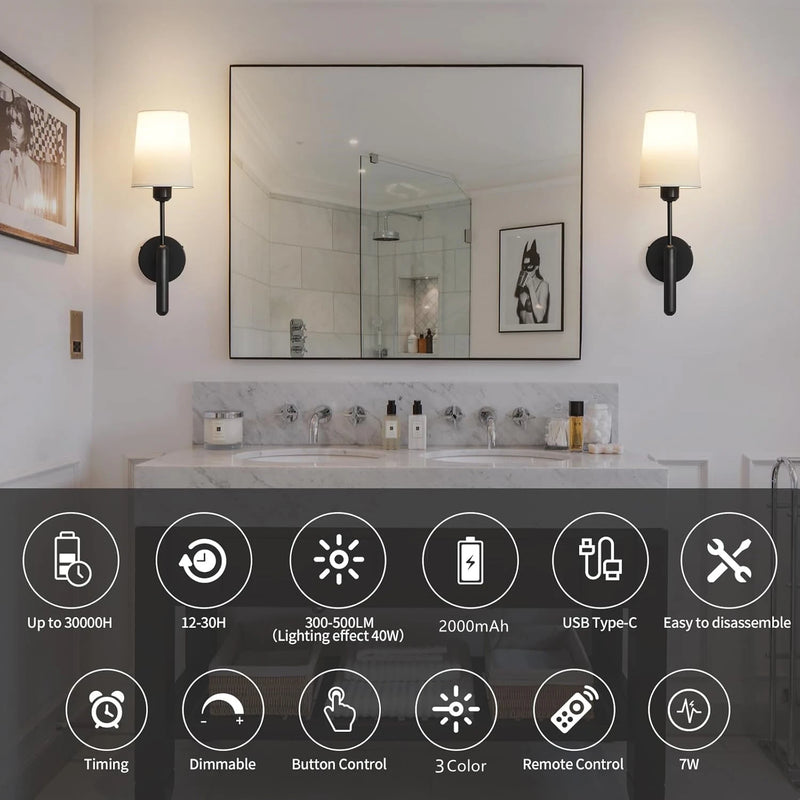 Applique Salle de Bain Sans Fil Rechargeable Noire avec Télécommande