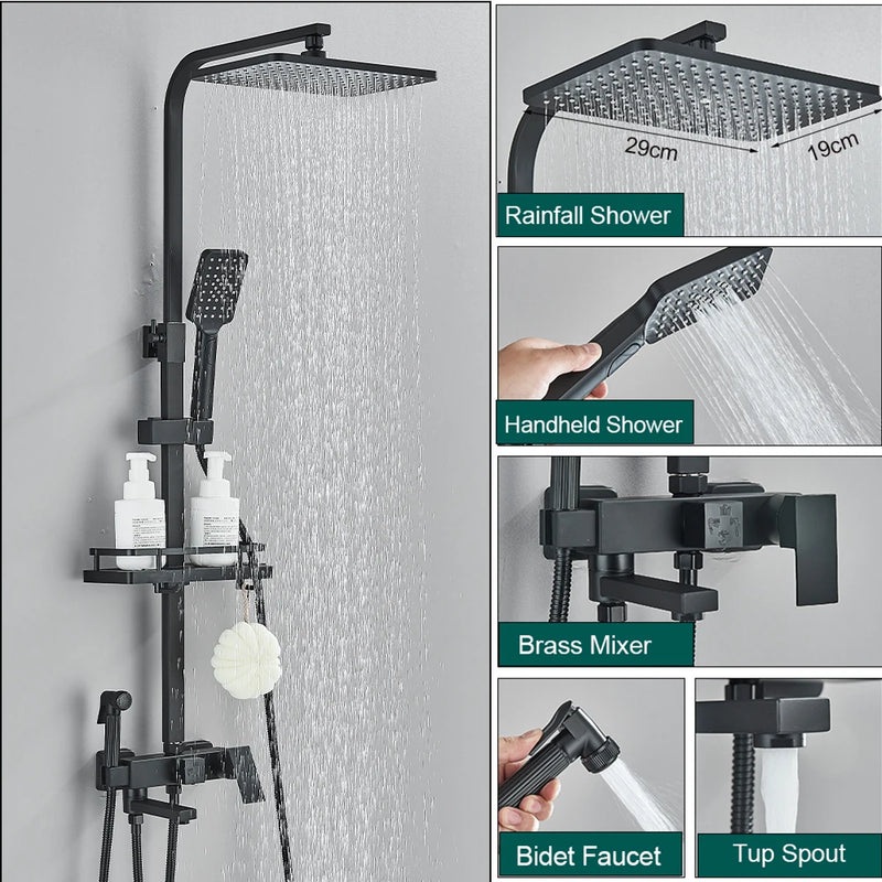 Colonne de Douche avec Étagère, Bec Baignoire et Pommeau Pluie