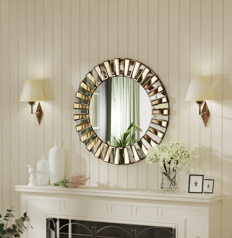 Miroir Mural Rond Effet Soleil Argent et Fauve 60 ou 80 cm
