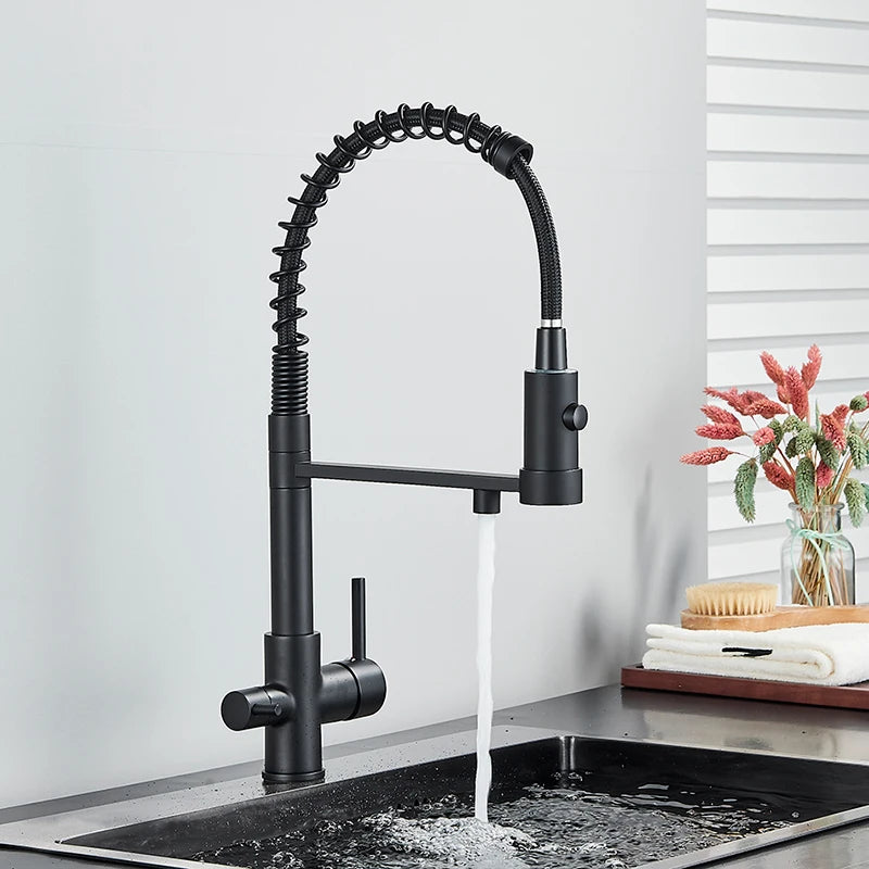 Mitigeur Cuisine 3 Voies Eau Filtrée Col Souple ou Ressort, 5 Finitions