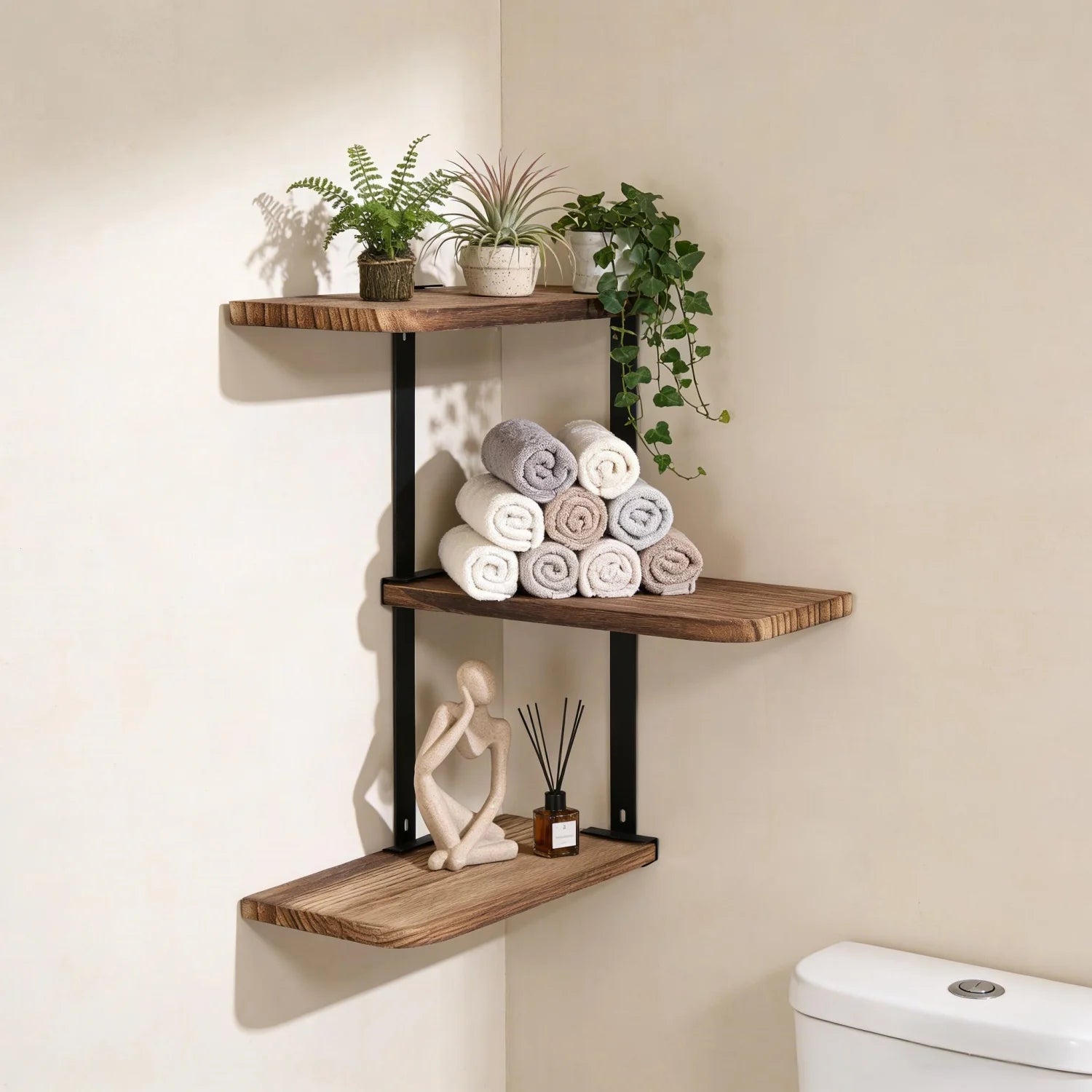 Étagère d'Angle Murale 3 Niveaux Bois et Métal Noir, 44 cm
