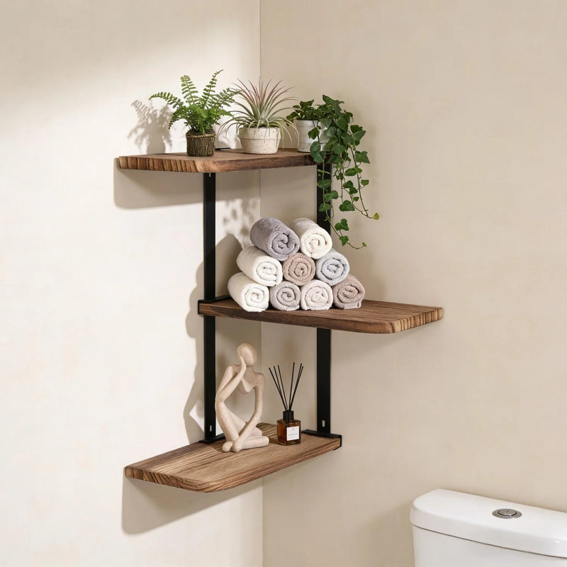 Étagère d'Angle Murale 3 Niveaux Bois et Métal Noir, 44 cm
