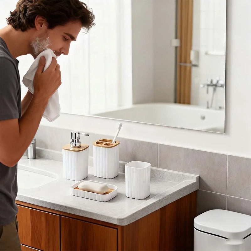 Ensemble Accessoires Salle de Bain Blanc et Bambou, 4 Pièces