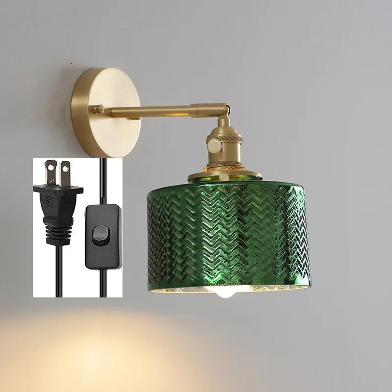 Applique Salle de Bain Verre Vert Cuivre avec Interrupteur Style Nordique