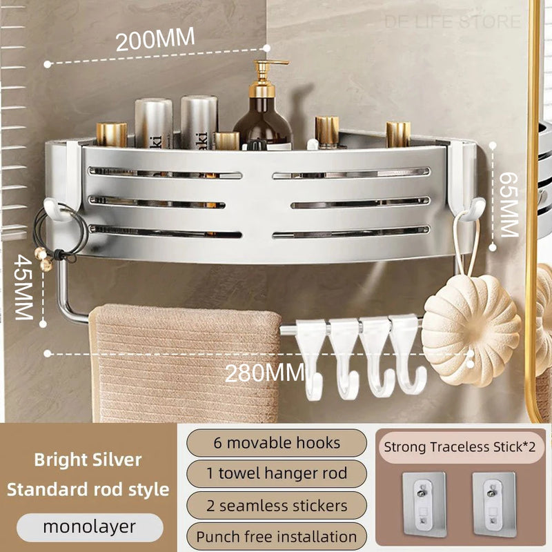 Étagère d'Angle de Douche Aluminium Sans Perçage, 1 ou 2 Niveaux