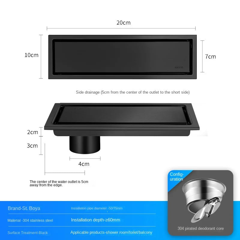 Caniveau de Douche Inox 304 Noir, Doré, Brossé, 20 à 60 cm