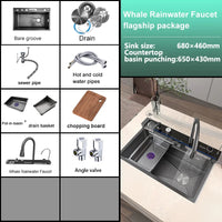 Évier de Cuisine Inox 1 Bac avec Robinet Cascade, 68 à 88 cm