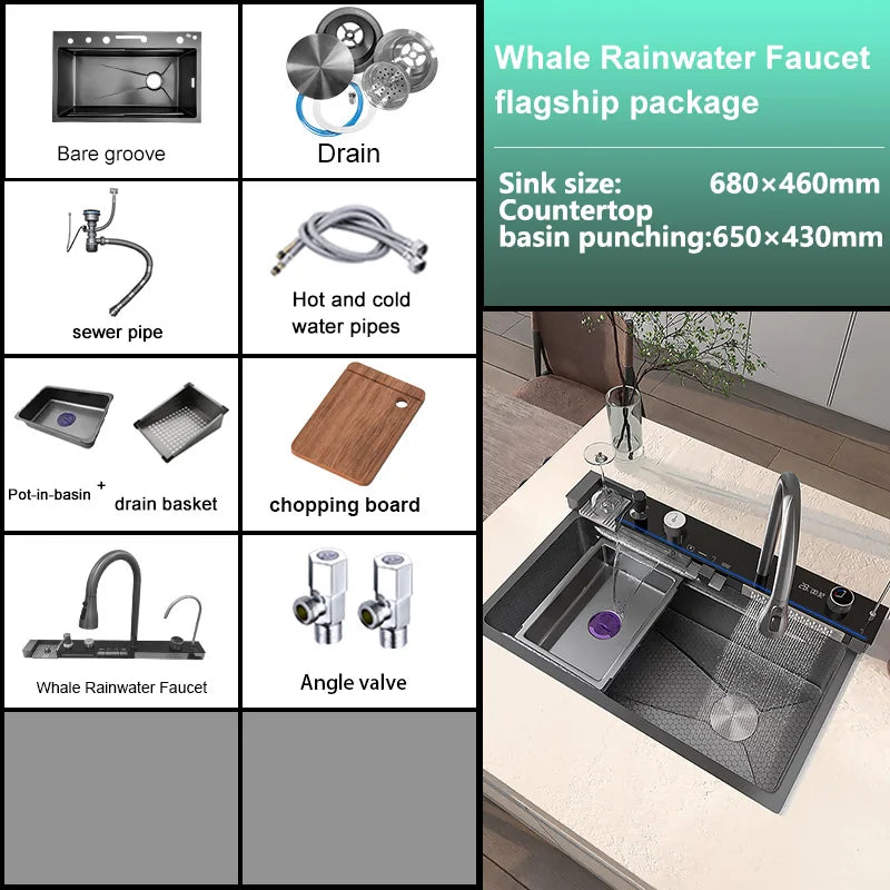 Évier de Cuisine Inox 1 Bac avec Robinet Cascade, 68 à 88 cm