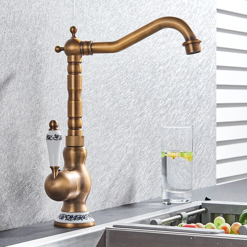 Mitigeur Lavabo Rétro Laiton Antique Pivotant, Poignée Céramique ou Laiton