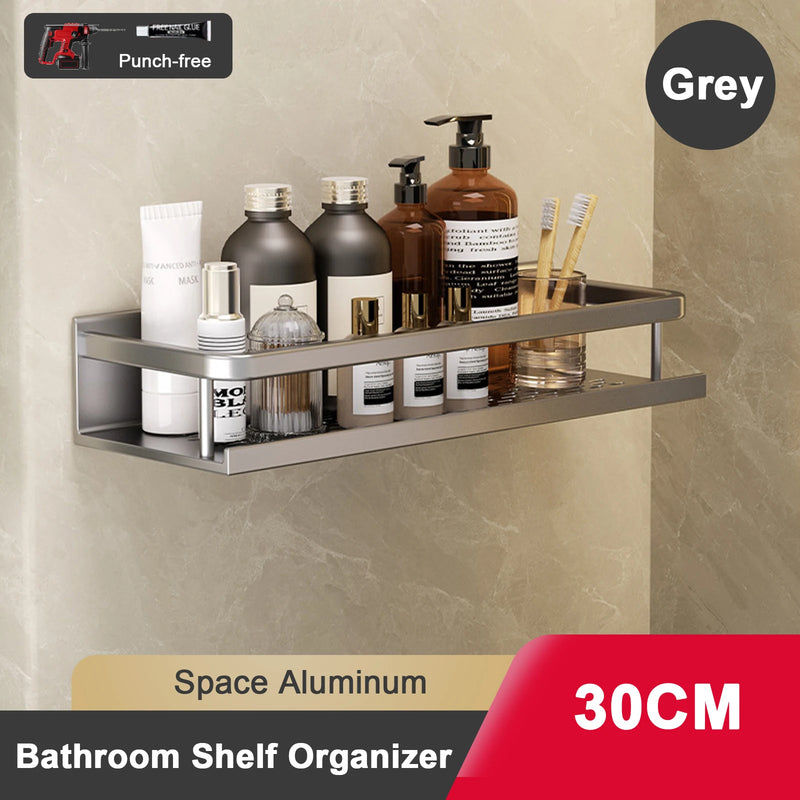 Étagère Salle de Bain Aluminium Sans Perçage Noir ou Gris avec Crochets, 30 à 50 cm